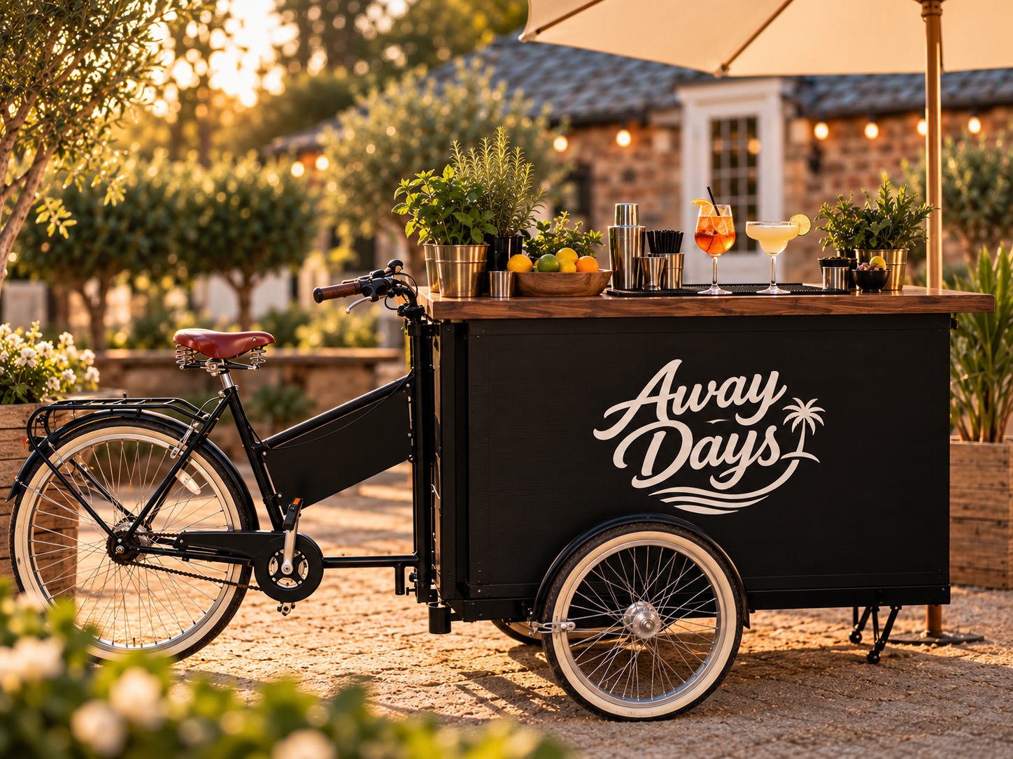 Away Days mobile cocktail cargo bike with dark wooden countertop