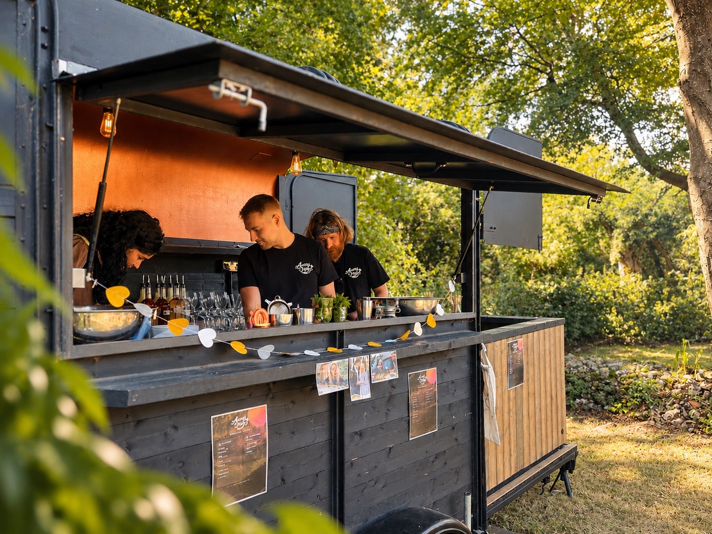 Away Days black timber horsebox bar with its serving hatch open