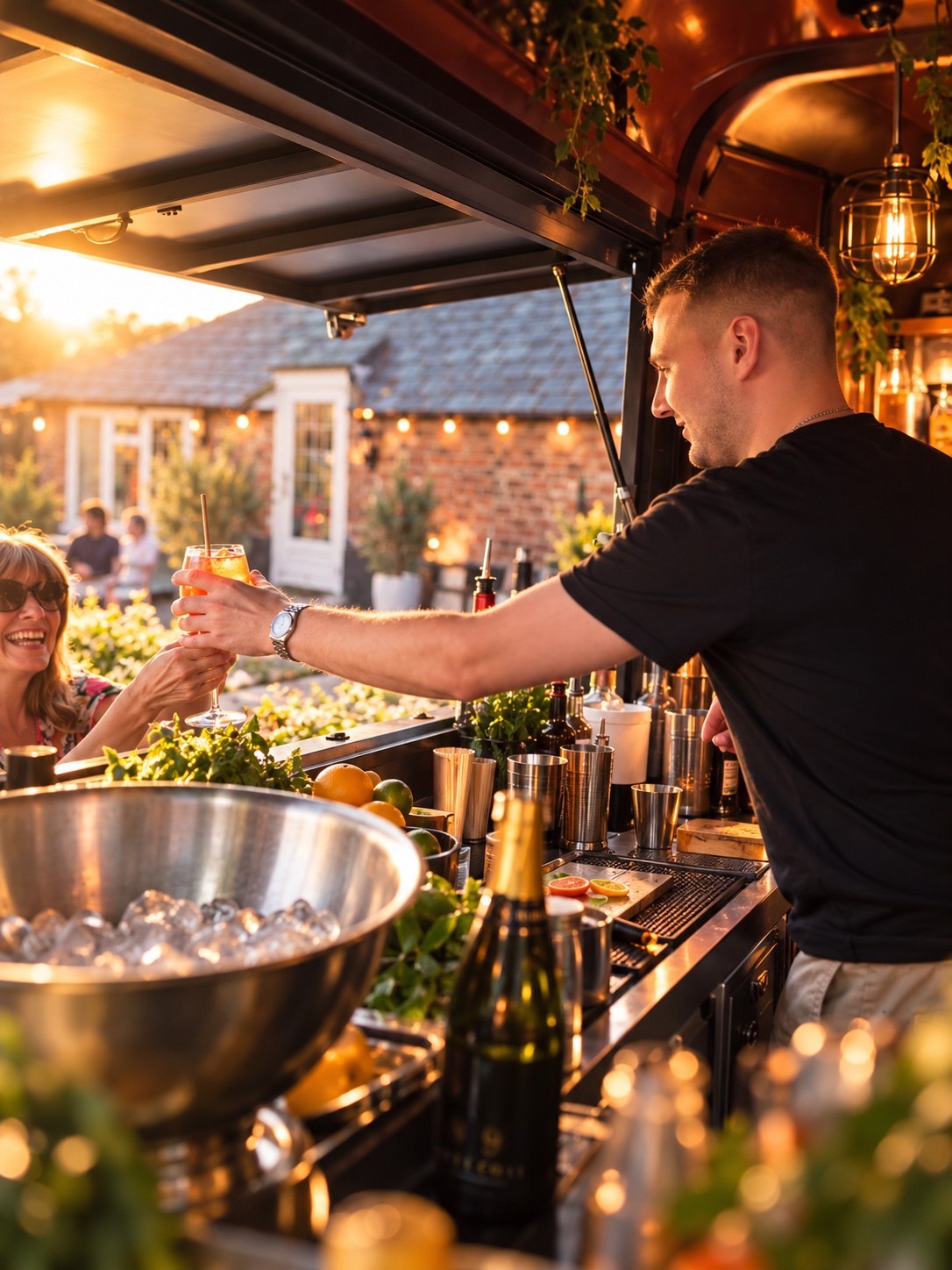 An Away Days bartender serving guests from the horsebox